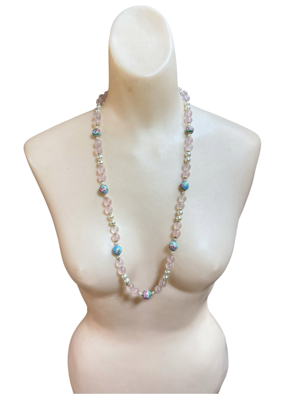 Vintage Chinese Rose Quartz Cloisonné Enamel Bead Necklace 29” Floral Pink